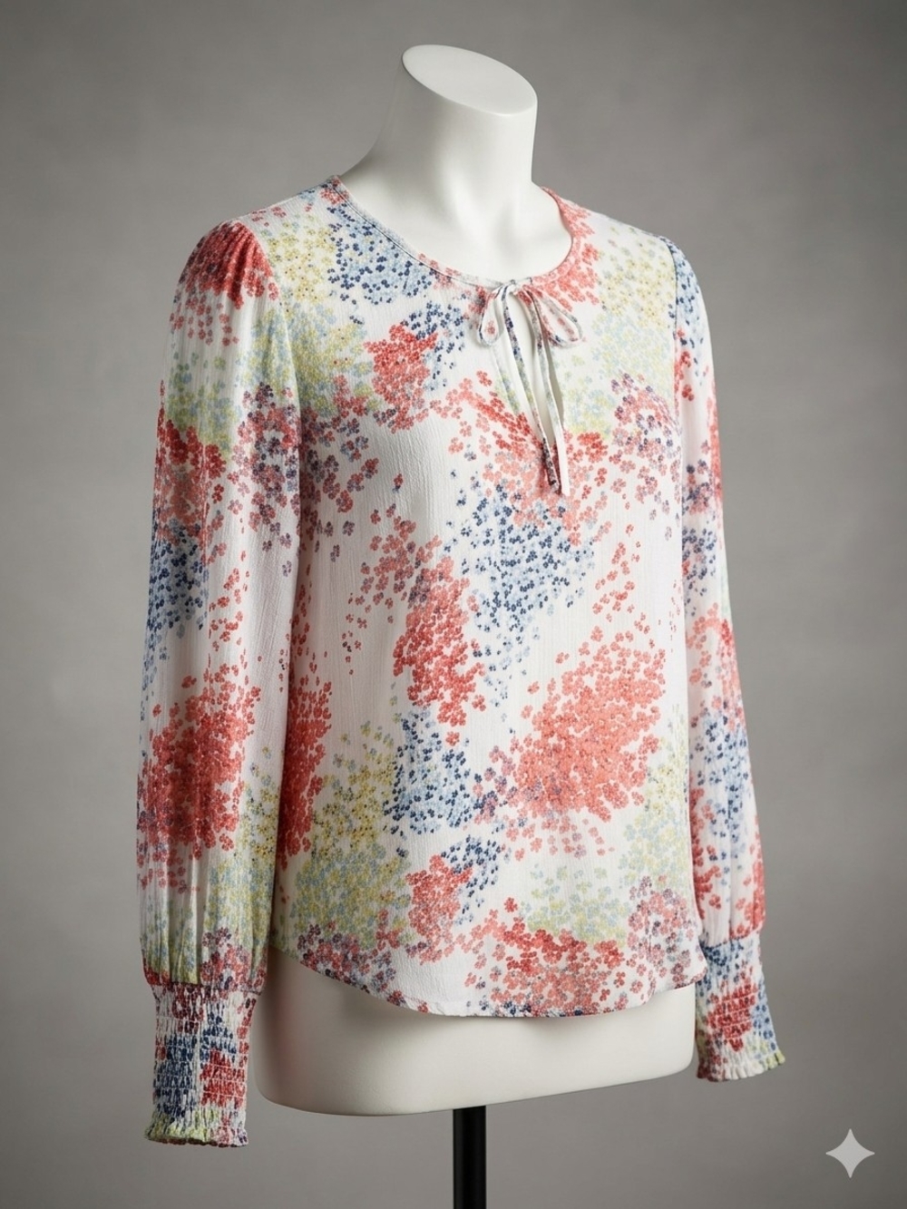 Lucky Brand White Floral Tie-Neck Blouse with Coral, Blue & Yellow Sprigs ( M )